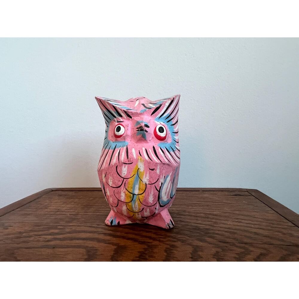 Quirky Hand Carved Owl Figurine Pink Folk Art 3.25" Trinket Small Gift Idea